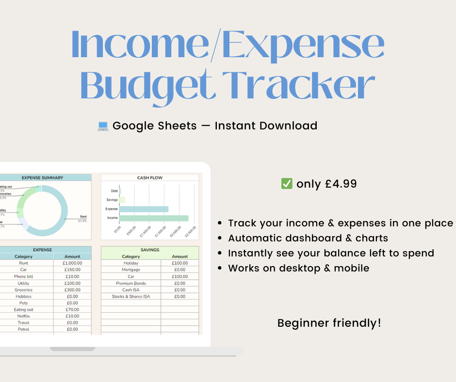 Advertisement for an Income/Expense Budget Tracker with a sample spreadsheet displayed.


