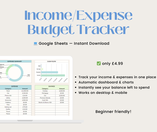 Advertisement for an Income/Expense Budget Tracker with a sample spreadsheet displayed.

